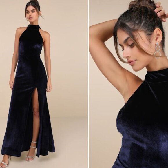 NWT Fabulous Always Navy Blue Velvet Backless Mermaid Maxi Dress - Picture 2 of 3